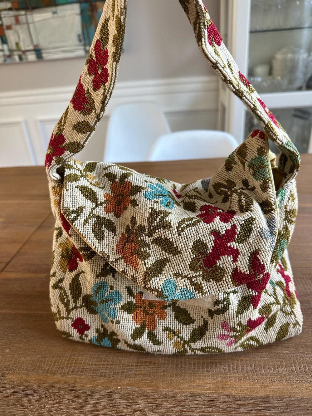 Vintage Petit Point Floral Tapestry Shoulder Bag Handmade Needlepoint